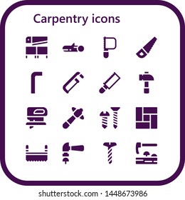 carpentry icon set. 16 filled carpentry icons.  Simple modern icons about  - Saw, Wood, Allen keys, Hammer, Fretsaw, Screw, Floor, Adze