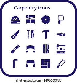 carpentry icon set. 16 filled carpentry icons.  Collection Of - Saw, Screw, Hammer, Wood, Chisel, Adze, Allen keys, Floor