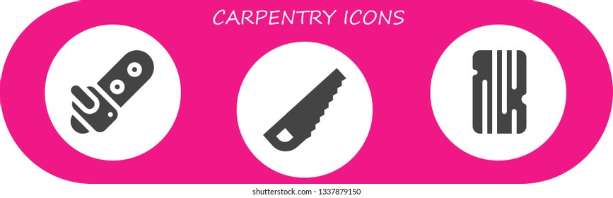 carpentry icon set. 3 filled carpentry icons.  Collection Of - Chainsaw, Saw, Wood