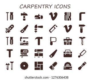  carpentry icon set. 30 filled carpentry icons. Simple modern icons about  - Screw, Hammer, Wood, Vimeo, Allen keys, Chainsaw, Saw, Adze, Toolbox, Fretsaw, Floor, Chisel svg