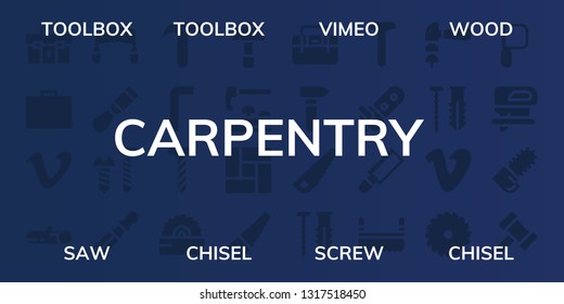 carpentry icon set. 32 filled carpentry icons. on blue background style Simple modern icons about  - Toolbox, Vimeo, Wood, Saw, Chisel, Screw, Hammer, Allen keys, Adze, Floor