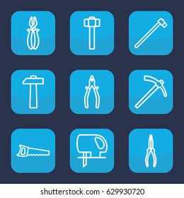Carpentry icon. set of 9 outline carpentry icons such as pliers, electric saw, garden hammer, saw