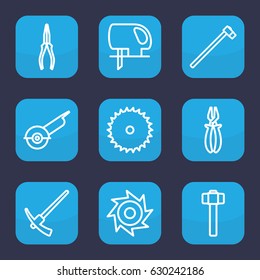 Carpentry icon. set of 9 outline carpentry icons such as blade saw, pliers, electric saw, garden hammer, saw