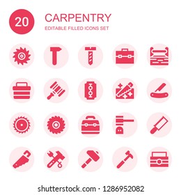 carpentry icon set. Collection of 20 filled carpentry icons included Saw, Hammer, Screw, Toolbox, Blade, Handsaw