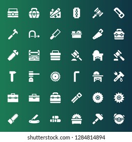 carpentry icon set. Collection of 36 filled carpentry icons included Saw, Hammer, Wood, Blade, Mechanical saw, Toolbox, Allen keys, Screw, Handsaw, Hacksaw