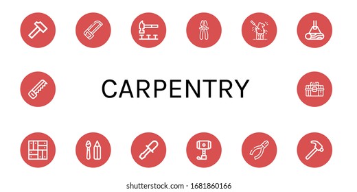 conjunto de iconos de carpintería. Colección de Hammer, Saw, Plier, Carving, Wood, Parquet, herramientas de pintura, Chisel, Pliers, iconos de caja de herramientas