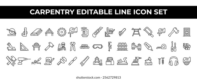 Carpentry Icon Set featuring editable line icons of tools, woodwork, and construction items. Ideal for carpentry services, branding, brochures, websites, and promotional materials.