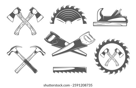 Carpentry icon set isolated on white background. Carpenter work tool elements: wood, blade, saw, hammer, axe. Vector illustration