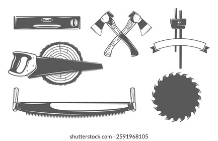 Carpentry icon set isolated on white background. Carpenter work tool elements: wood, blade, saw, axe. Vector illustration