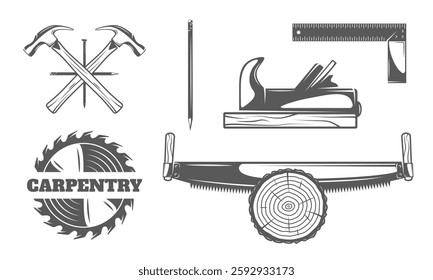 Carpentry icon set isolated on white background. Carpenter  work tool elements: wood, blade, saw, hammer. Vector illustration