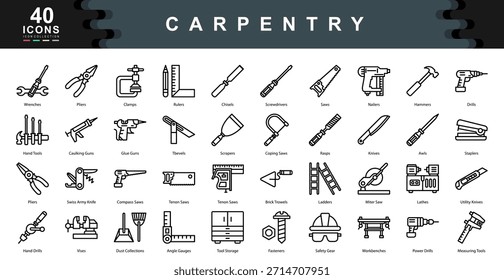 O conjunto de ícone de carpintaria mostra ferramentas essenciais de mão e poder usadas em marcenaria, perfeitas para projetos de construção, tutoriais DIY, guias de ferramentas e visuais de negócios qualificados.