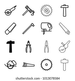 Carpentry icons. set of 16 editable outline carpentry icons such as hammer, saw, blade saw, electric saw, pliers