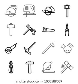Carpentry icons. set of 16 editable outline carpentry icons such as hammer, pliers, electric saw, garden hammer
