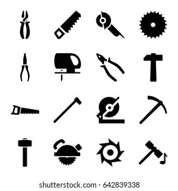Carpentry icons set. set of 16 carpentry filled icons such as hammer, saw, blade saw, pliers