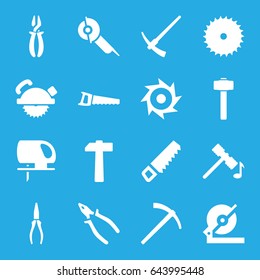 Carpentry icons set. set of 16 carpentry filled icons such as hammer, saw, blade saw, pliers
