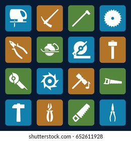 Carpentry icons set. set of 16 carpentry filled icons such as hammer, saw, blade saw, pliers