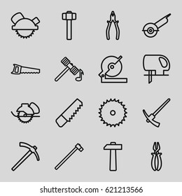 Carpentry icons set. set of 16 carpentry outline icons such as hammer, saw, blade saw, pliers