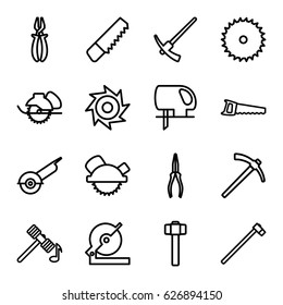 Carpentry icons set. set of 16 carpentry outline icons such as hammer, saw, blade saw, pliers