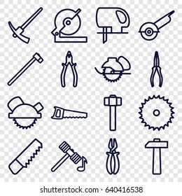 Carpentry icons set. set of 16 carpentry outline icons such as hammer, saw, blade saw, pliers