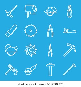 Carpentry icons set. set of 16 carpentry outline icons such as hammer, saw, blade saw, pliers