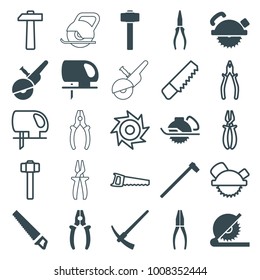 Carpentry icons. set of 25 editable filled and outline carpentry icons such as saw blade, pliers, electric saw, garden hammer