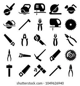 Carpentry icons. set of 25 editable filled carpentry icons such as saw, blade saw, pliers, garden hammer