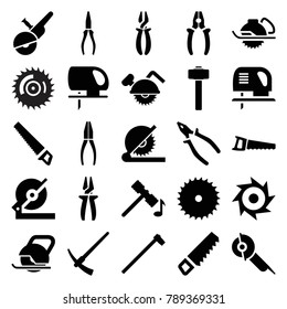 Carpentry icons. set of 25 editable filled carpentry icons such as hammer, saw, blade saw, pliers
