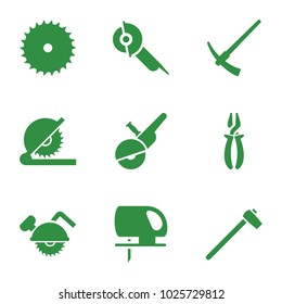 Carpentry icons. set of 9 editable filled carpentry icons such as blade saw, pliers, electric saw, hammer