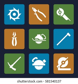 carpentry icons set. Set of 9 carpentry filled icons such as circular saw, saw blade, pliers, garden hammer