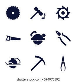 carpentry icons set. Set of 9 carpentry filled icons such as hammer, blade saw, saw blade