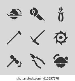 Carpentry icons set. set of 9 carpentry filled icons such as hammer, saw blade, pliers, electric saw, garden hammer
