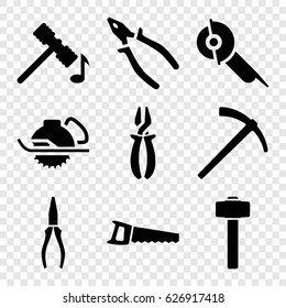 Carpentry icons set. set of 9 carpentry filled icons such as hammer, pliers, electric saw, garden hammer