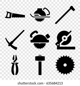 Carpentry icons set. set of 9 carpentry filled icons such as blade saw, circular saw, pliers, garden hammer