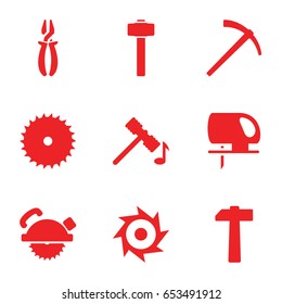Carpentry icons set. set of 9 carpentry filled icons such as hammer, blade saw, saw blade, pliers