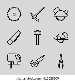 Carpentry icons set. set of 9 carpentry outline icons such as saw, blade saw, pliers, garden hammer