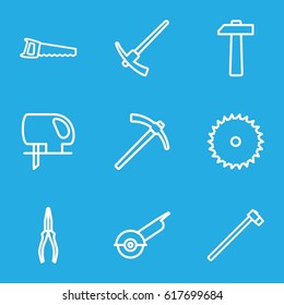 Carpentry icons set. set of 9 carpentry outline icons such as blade saw, pliers, electric saw, garden hammer, saw