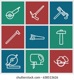 Carpentry icons set. set of 9 carpentry outline icons such as hammer, circular saw, electric saw, garden hammer