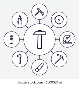 Carpentry icons set. set of 9 carpentry outline icons such as hammer, saw, blade saw, circular saw, pliers