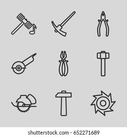 Carpentry icons set. set of 9 carpentry outline icons such as hammer, pliers, electric saw, garden hammer