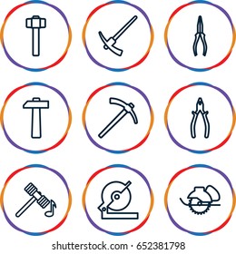 Carpentry icons set. set of 9 carpentry outline icons such as hammer, circular saw, pliers, electric saw