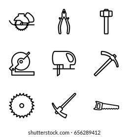 Carpentry icons set. set of 9 carpentry outline icons such as blade saw, circular saw, pliers, garden hammer