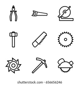 Carpentry icons set. set of 9 carpentry outline icons such as saw, blade saw, pliers, garden hammer