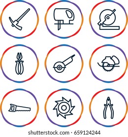Carpentry icons set. set of 9 carpentry outline icons such as circular saw, pliers, electric saw, saw