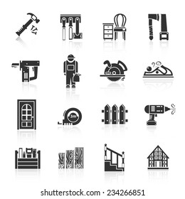 Carpentry industry equipment icons black set with hammer tools furniture saw isolated vector illustration