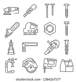 Carpentry industry equipment icons flat set with toolbox furniture