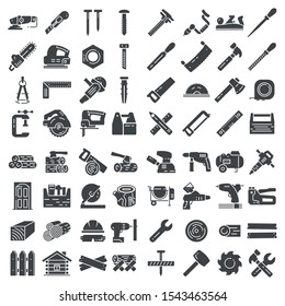 Carpentry industry equipment icons flat set on white background