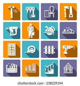 Carpentry industry tools service repair equipment icons flat set isolated vector illustration
