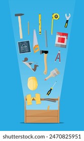 Carpentry instruments in wooden toolbox. Construction engineering and building. Ax, hammer, screwdriver, helmet, gloves, saw, paint brush. Vector illustration in flat style