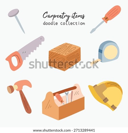 Carpentry item and equipment doodle vector collection set. Carpenter profession tools like wood, saw, nail, screwdriver, for asset, children book, design, sticker