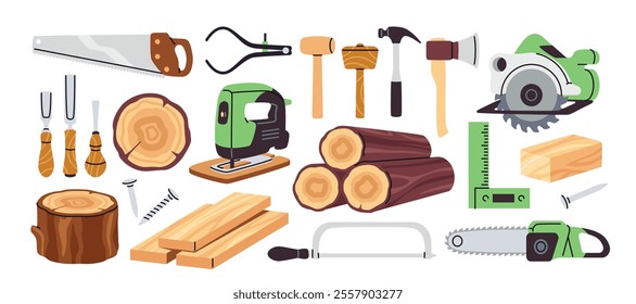 Carpentry items set. Icons with woodworking tools, tree trunks, Chopped boards, Timber beams and Hardwood stumps. Electric saw and axe. Cartoon vector illustration collection isolated on background